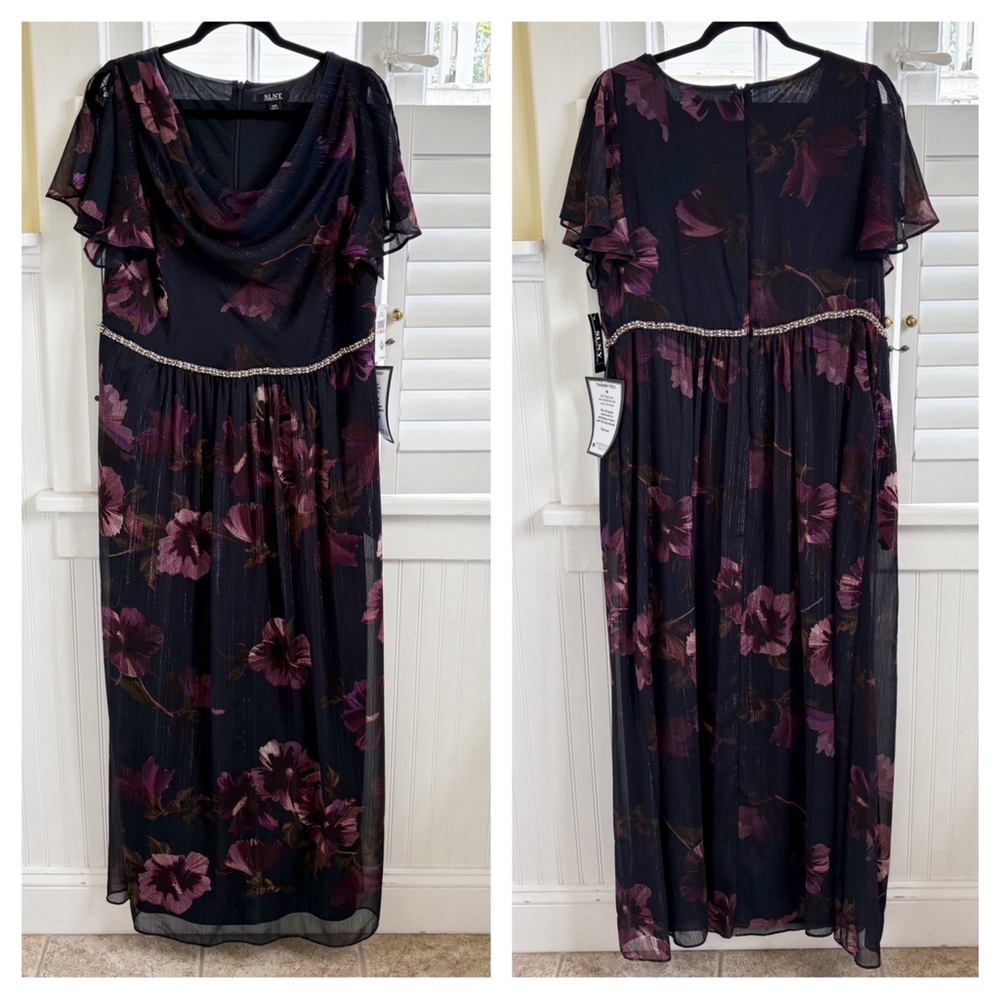 SLNY Deep Navy Blue & Purple Floral Cowl Neck Maxi Dress Plus Size 14W NEW - Picture 2 of 6